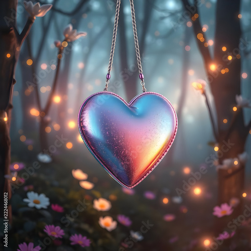 Magical Rainbow Heart Handbag Surrounded by Glowing Flowers