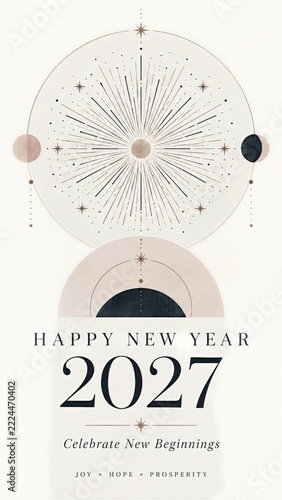 New Year 2027 Poster with pale celestial rays and year numerals