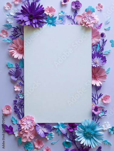 A paper-cut style floral frame featuring vibrant purple, pink, and turquoise flowers with green leaves around a blank white central space for text, ideal for greeting cards and poster design.