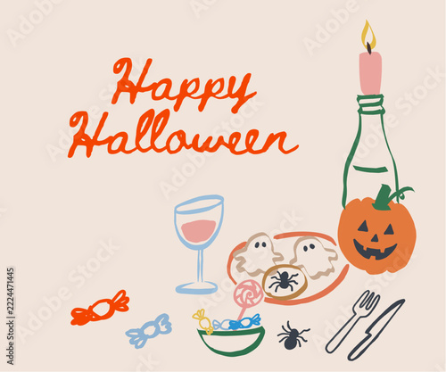 Festive Halloween table setting with ghost cookies and pumpkin decor card illustration