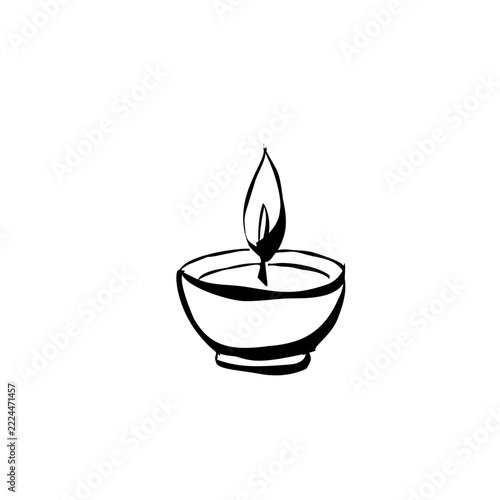 Minimalist black and white line art of a candle in a bowl with flame