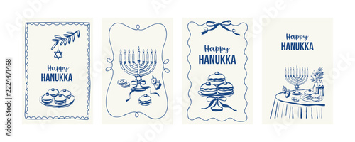 Hanukkah celebration cards with menorah and traditional pastries in blue and white designs