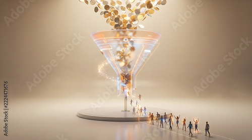 3D golden coins cascading like waterfall into rising bar chart, profit growth concept with sparkling coins, dark elegant background