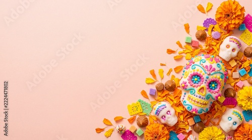 Día de Muertos celebration background featuring sugar skulls, traditional candies, marigold flowers, and colorful papel picado on a pastel pink surface with copy space