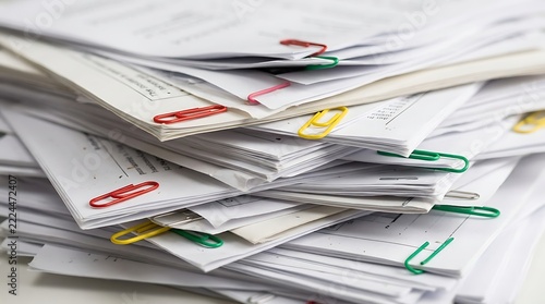 A messy stack of papers and documents with colorful paper clips organized on an office desk