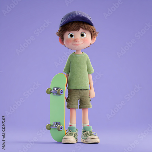 A full-body 3D digital illustration of a cute young boy with brown hair wearing a green cap and shirt, smiling while holding a skateboard.

