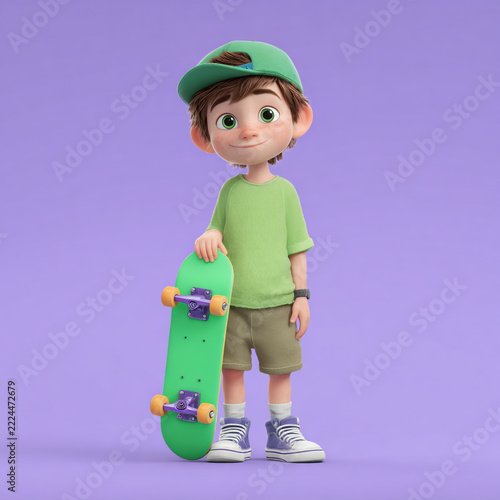 A full-body 3D digital illustration of a cute young boy with brown hair wearing a green cap and shirt, smiling while holding a skateboard.
