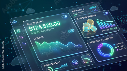 Cloud cost dashboard glassmorphism, futuristic technology concept, copy space, alternate view