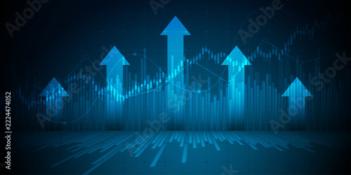 moving up arrow financial chart and stock market graph with world map on blue color background