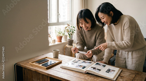 Two women looking at old photo album together at home