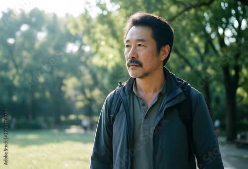 Healthy aging and active lifestyle, mature asian man walking in a park with sunlight, retirement and wellness concept for senior men in nature