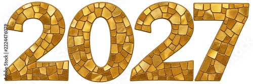 Golden mosaic numbers 2027 forming year text, textured gold tiles with metallic finish, isolated on transparent background. New year celebration, calendar, luxury typography.