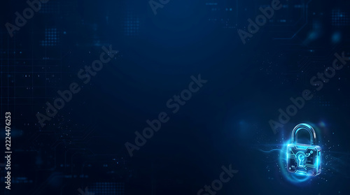 Blue lock security banner, futuristic technology concept, copy space, alternate view