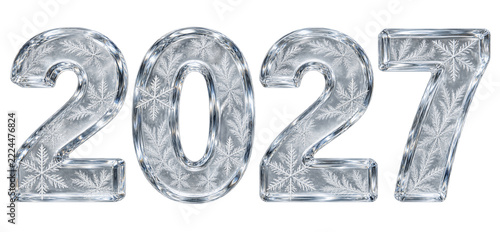 Numbers 2027 made of frozen ice with snowflake patterns, isolated on transparent background. Winter celebration, new year concept, seasonal decoration.
