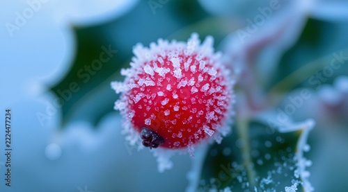 Delicate macro shot of a frost-covered red berry. Intricate crystalline patterns against bright red skin and blurred holly leaves. Crisp, icy blue morning mood. Frosty and quietly beautiful.
