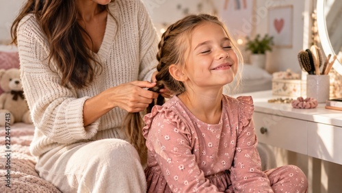 A mother gently braids the hair of a smiling girl seated at a bedroom vanity