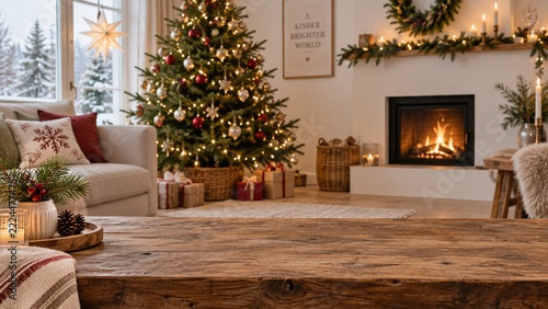 A Christmas tree glows beside a simple fireplace and festive garland in a neutral living room