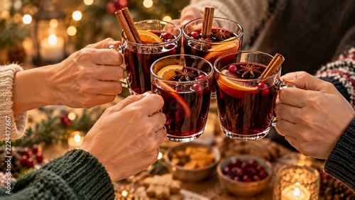 Several hands raise glass mugs of mulled wine garnished with orange slices an...