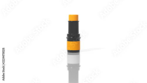 Blank black and orange cosmetic stick tube with reflection on glossy white surface