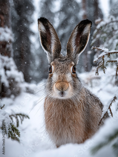 A close-up photograph of an adorable wild bunny rabbit sitting in a deep snowy forest, looking up with raised ears as soft snowflakes fall against a serene, misty winter backdrop.