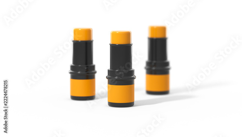 Blank black and orange cosmetic stick tube three identical containers on white background
