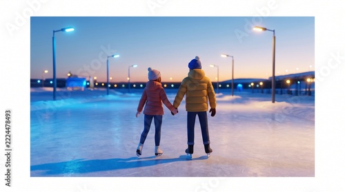 Couple Ice Skating Hand in Hand at Dusk on Outdoor Rink with Streetlights and Snow