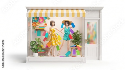 Fashionable Store Window Display Featuring Two Mannequins in Summer Outfits with Shopping Bags and Price Tags