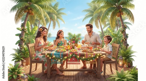 Family enjoys a festive tropical Christmas dinner on a beachside deck surrounded by palm trees and lush greenery