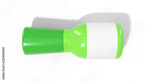 Blank green plastic bottle with tall cap top view flat lay on white background