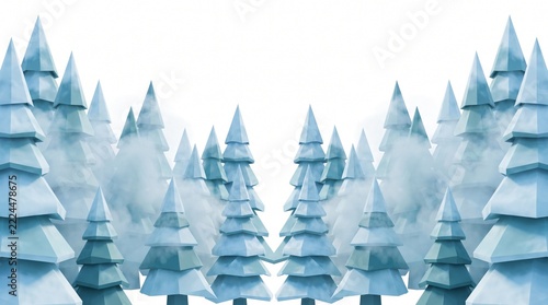 Stylized Winter Forest Scene with Blue Spruce Trees and Foggy Atmosphere