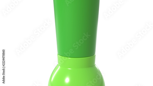 Blank green plastic bottle with tall cap close-up detail on white background