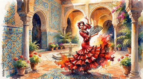 Watercolor painting of a flamenco dancer in a Spanish courtyard