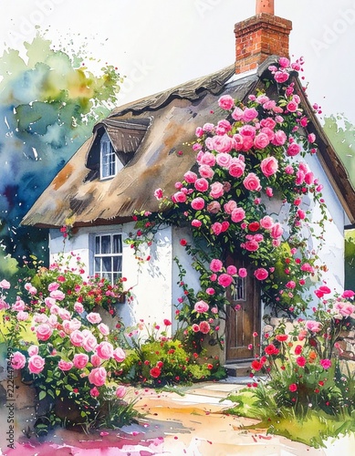 Watercolor painting of a thatched cottage with blooming pink roses.