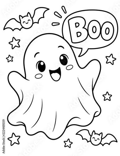 Fotografie Cute ghost saying boo with bats and stars illustration