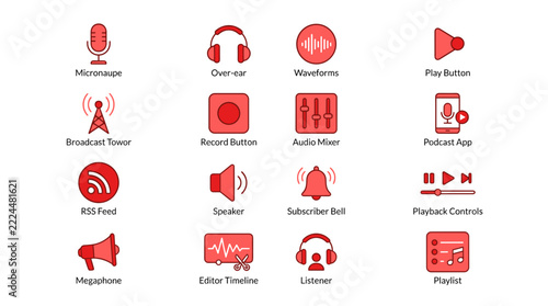 Podcast Icons Collection Red Color Scheme.