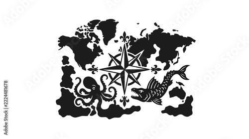 World Map Compass Rose Octopus Fish Nautical Symbols.