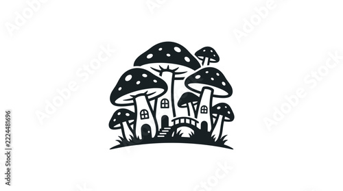 Whimsical mushroom village with houses and bridge.
