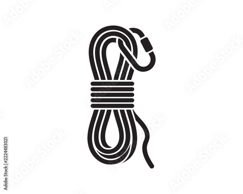 Climbing rope with carabiner icon for mountaineering adventure and extreme sports equipment design