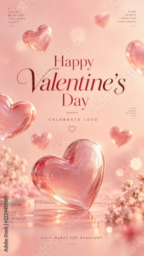 Valentines Day Poster with pink hearts and soft cloudlike forms