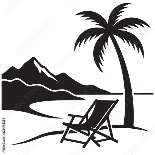 Tropical Beach Landscape Vector Illustration - Palm Tree, Deck Chair, and Mountain Coast Black Silhouette Isolated on White Background