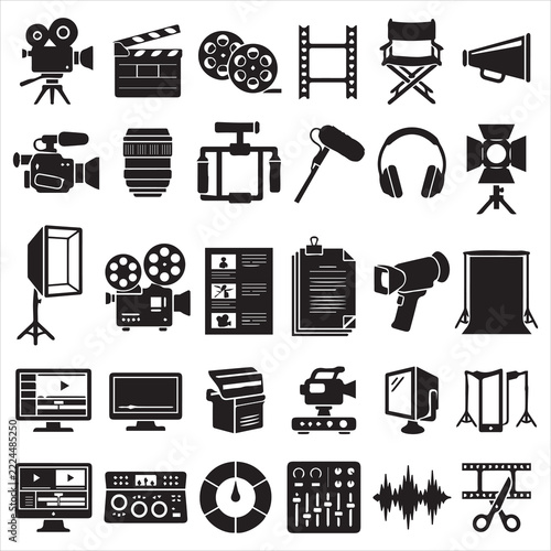 Filmmaking and Video Production Equipment Icon Set Vector Illustration