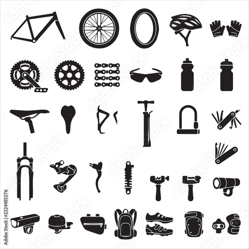Bicycle Parts and Cycling Accessories Icon Set Vector Illustration