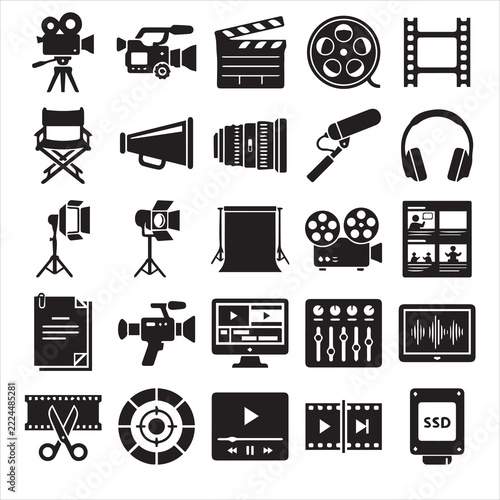 Filmmaking and Video Production Equipment Icon Set Vector Illustration - Black Flat Cinema Icons Collection Isolated on White Background