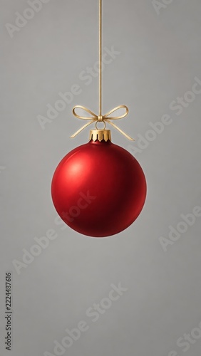 A burgundy round Christmas ornament hangs from a thin gold ribbon tied in a s...