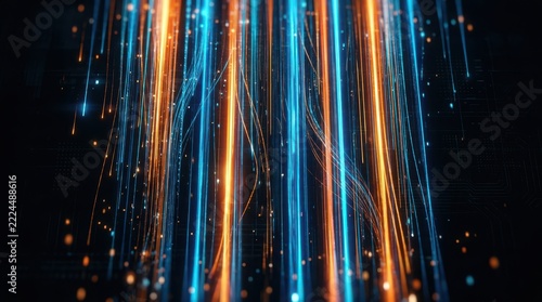 Abstract vertical blue and orange light streaks with glowing particles on a dark background for technology concept