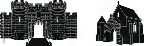 Black silhouette medieval castle gatehouse with drawbridge and towers beside gothic stone chapel, historic fortress architecture vector illustration for fantasy and heritage design