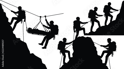 Black silhouette mountain rescue climbers with rope, stretcher evacuation and rock climbing teamwork, alpine search and rescue vector illustration on white background