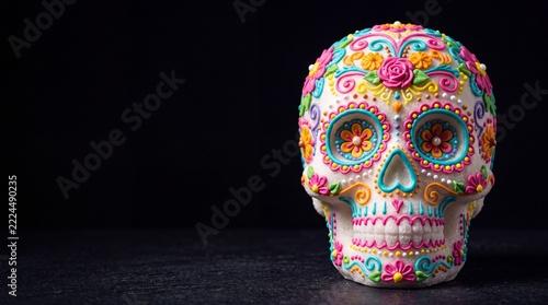 Día de Muertos celebration background featuring a detailed traditional sugar skull with colorful frosting decorations on a dark textured surface with copy space