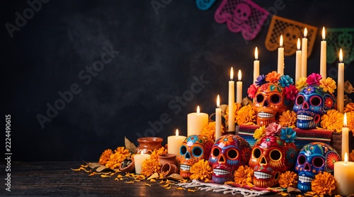 Día de Muertos celebration background featuring traditional colorful sugar skulls, glowing candles, marigold flowers, and papel picado banners on a dark wooden altar table with copy space