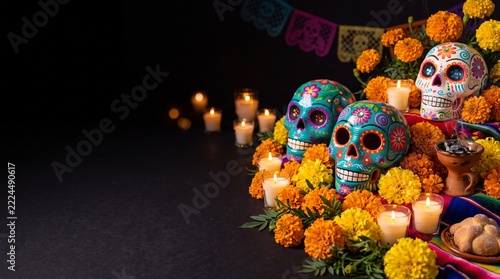 Día de Muertos celebration background featuring traditional sugar skulls, glowing candles, marigold flowers, and colorful papel picado banners on a dark altar setup with copy space